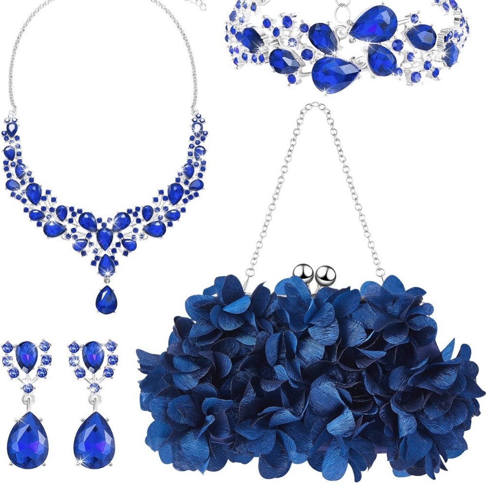 4 Pcs Flower Clutch Rhinestone Jewelry Set Clutch Necklace Earrings Bracelet - Picture 1 of 6